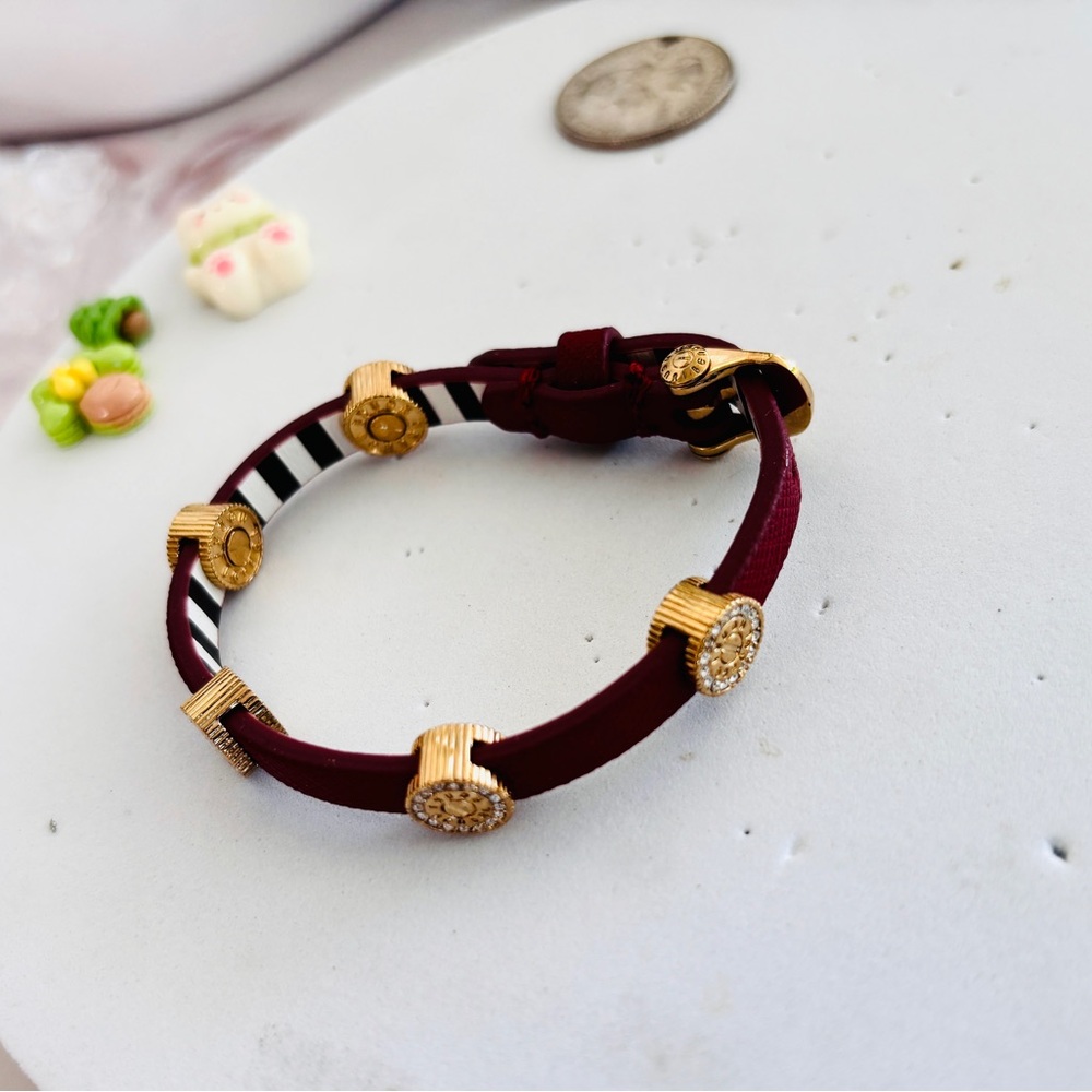 Henri Bendel Gold Plated crystal logo buttons Belt Bracelet Red wine